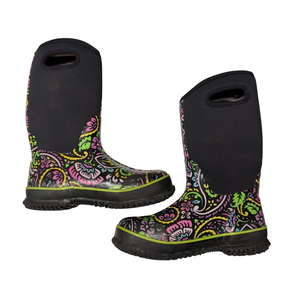 Bogs Tuscany High Rain Snow Boots Girls Sz 4 Paisley Floral Waterproof -30 Black